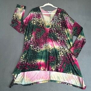 White Birch Tunic Women 2X Multi Leopard Tie Dye V-Neck High Low T221043P Boho